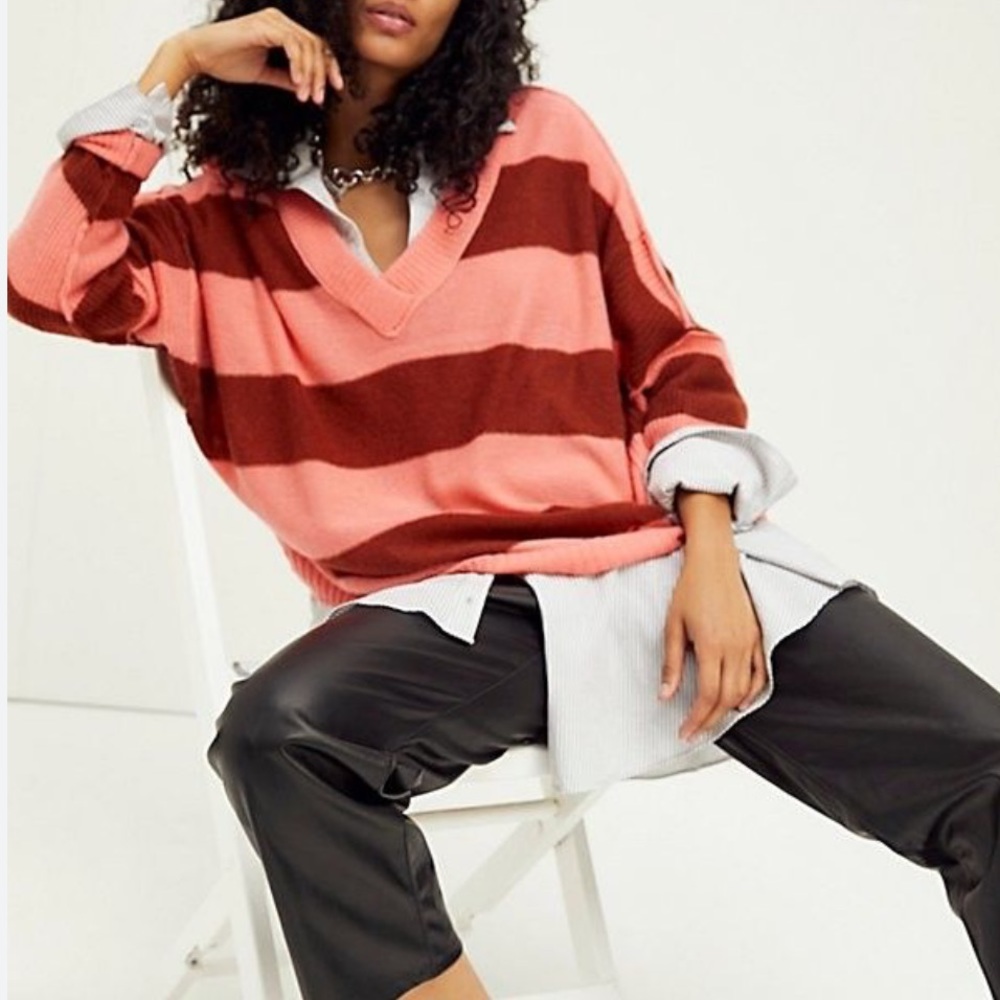 New Free People Think of You Sm Pink Red 100% Cashmere V-Neck Slouchy Super Soft